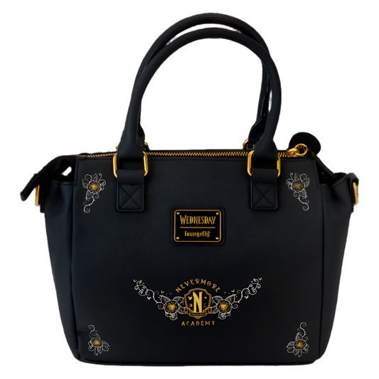Back view of Black  Crossbody bag with gold accents and 'Nevermore Academy' design on a white background