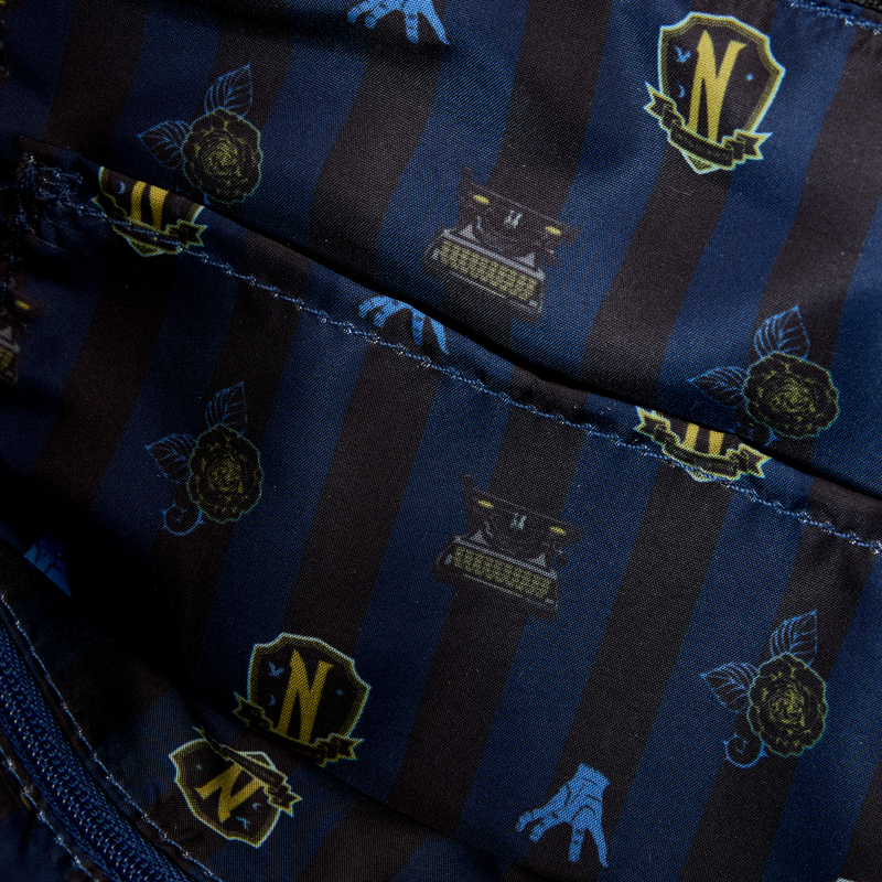 Close-up of view of inside the bag of blue fabric with black stripes and decorative patterns, including a 'NW' logo.